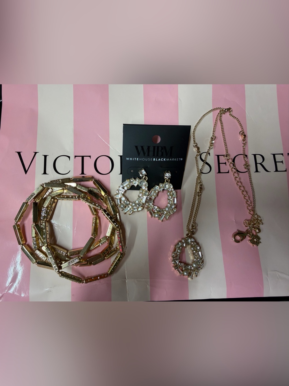 3 pc set. WHBM Gold Crystal Pearl Max Media Drop Earrings/bracelet/necklace
